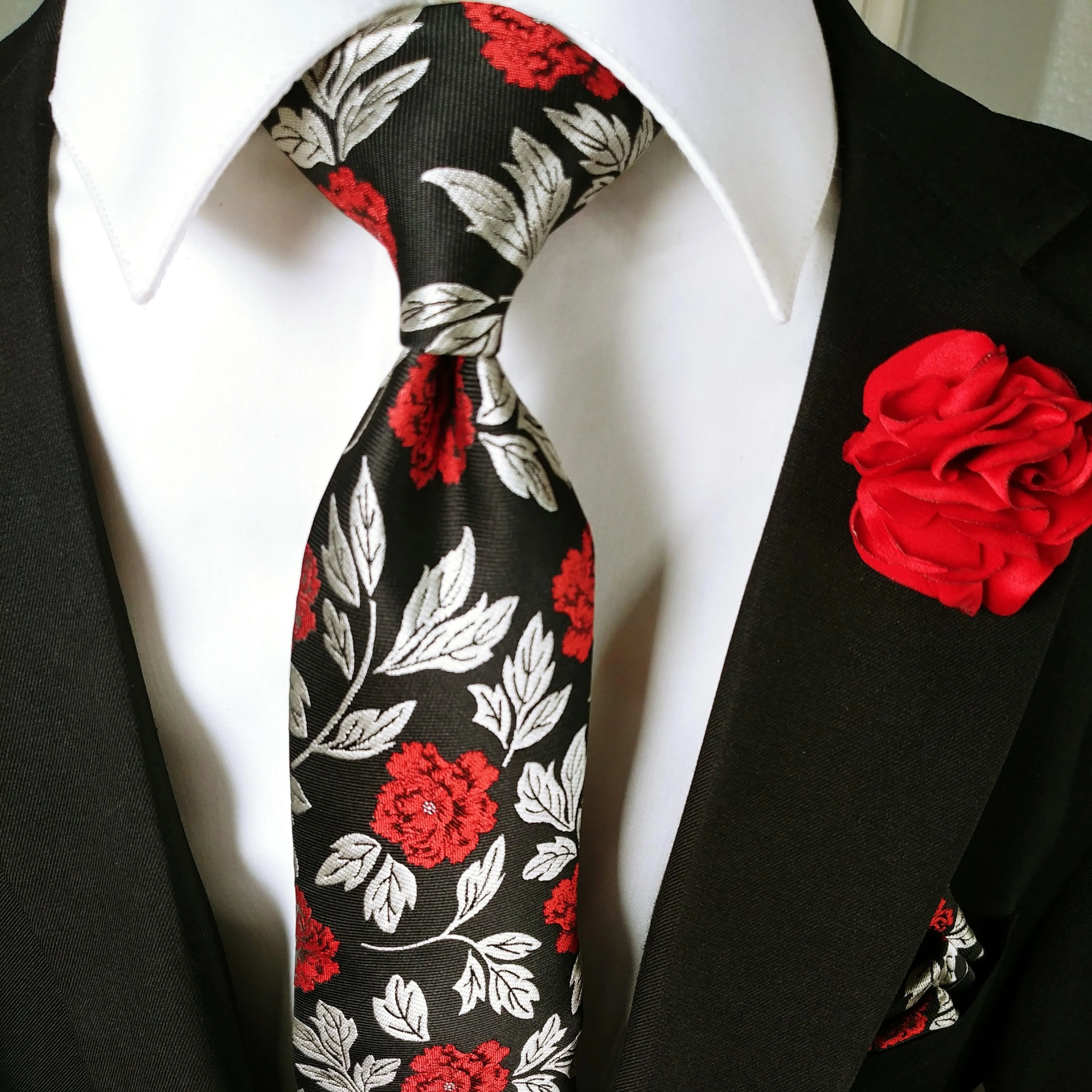 Silk Black Red Floral Tie Set of Pocket Square & Cufflinks