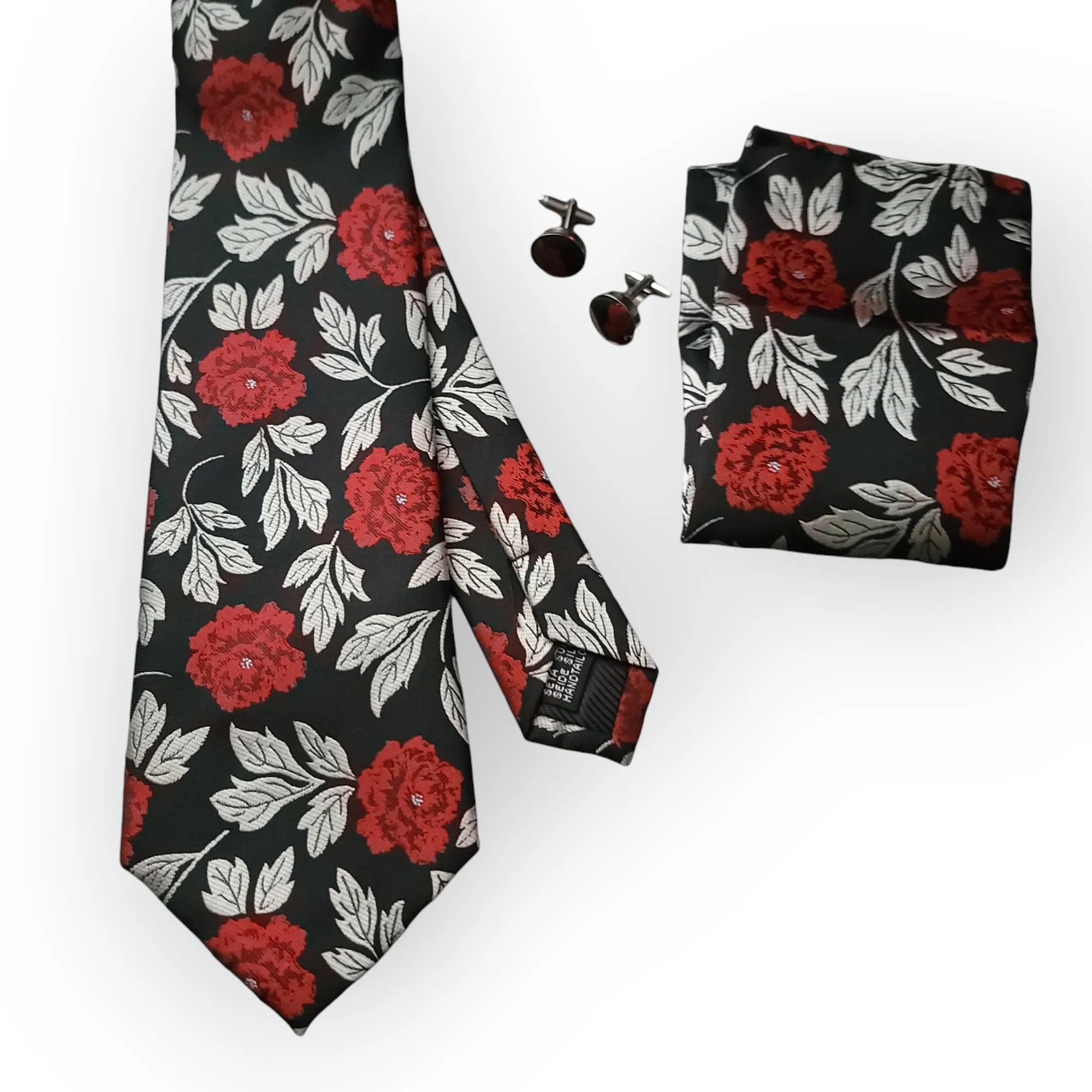 Silk Black Red Floral Tie Set of Pocket Square & Cufflinks