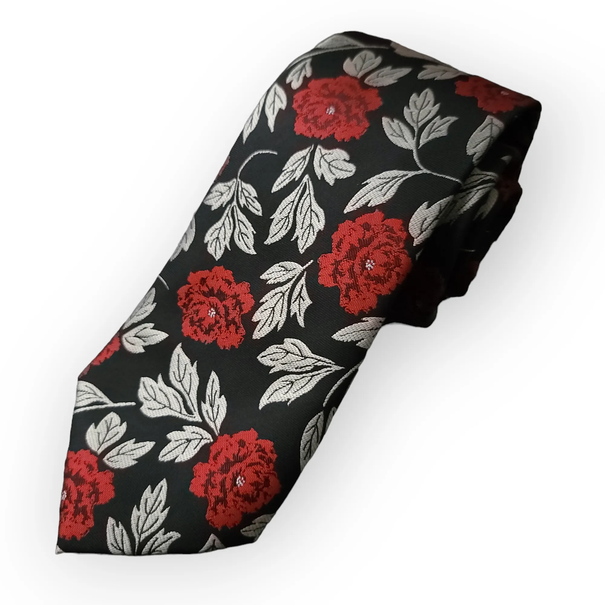 Silk Black Red Floral Tie Set of Pocket Square & Cufflinks