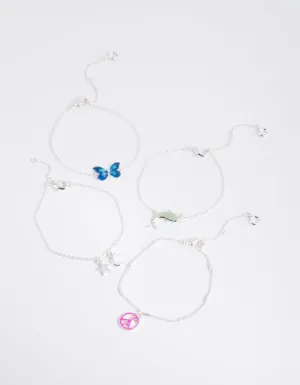 Silver Butterfly Bracelet & Anklet 4-Pack Set