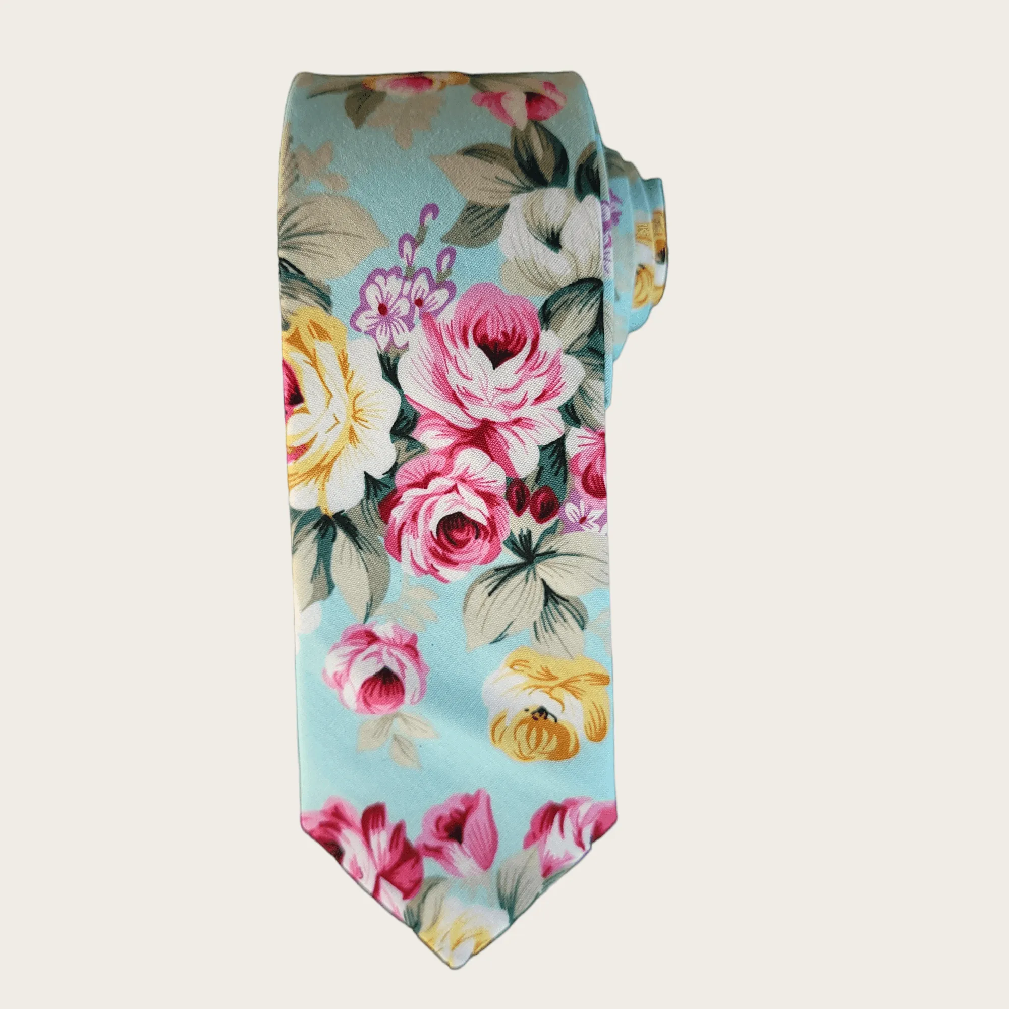 Sky Blue Sage Green Rose Floral Slim Tie Pocket Square Set