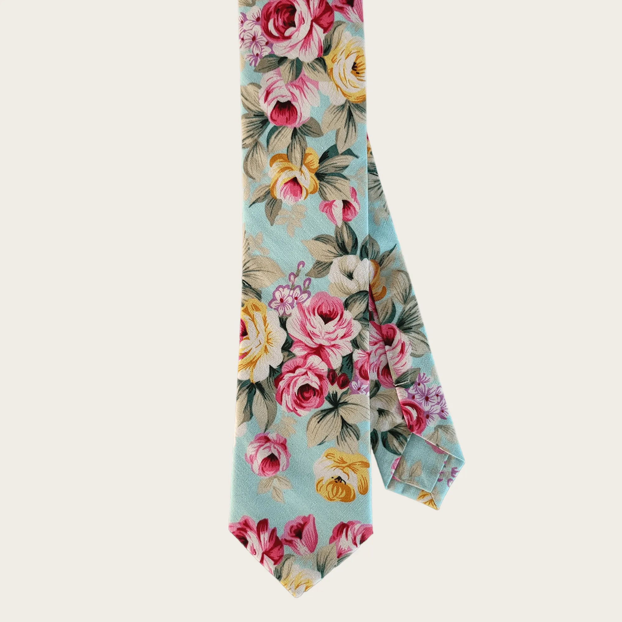 Sky Blue Sage Green Rose Floral Slim Tie Pocket Square Set