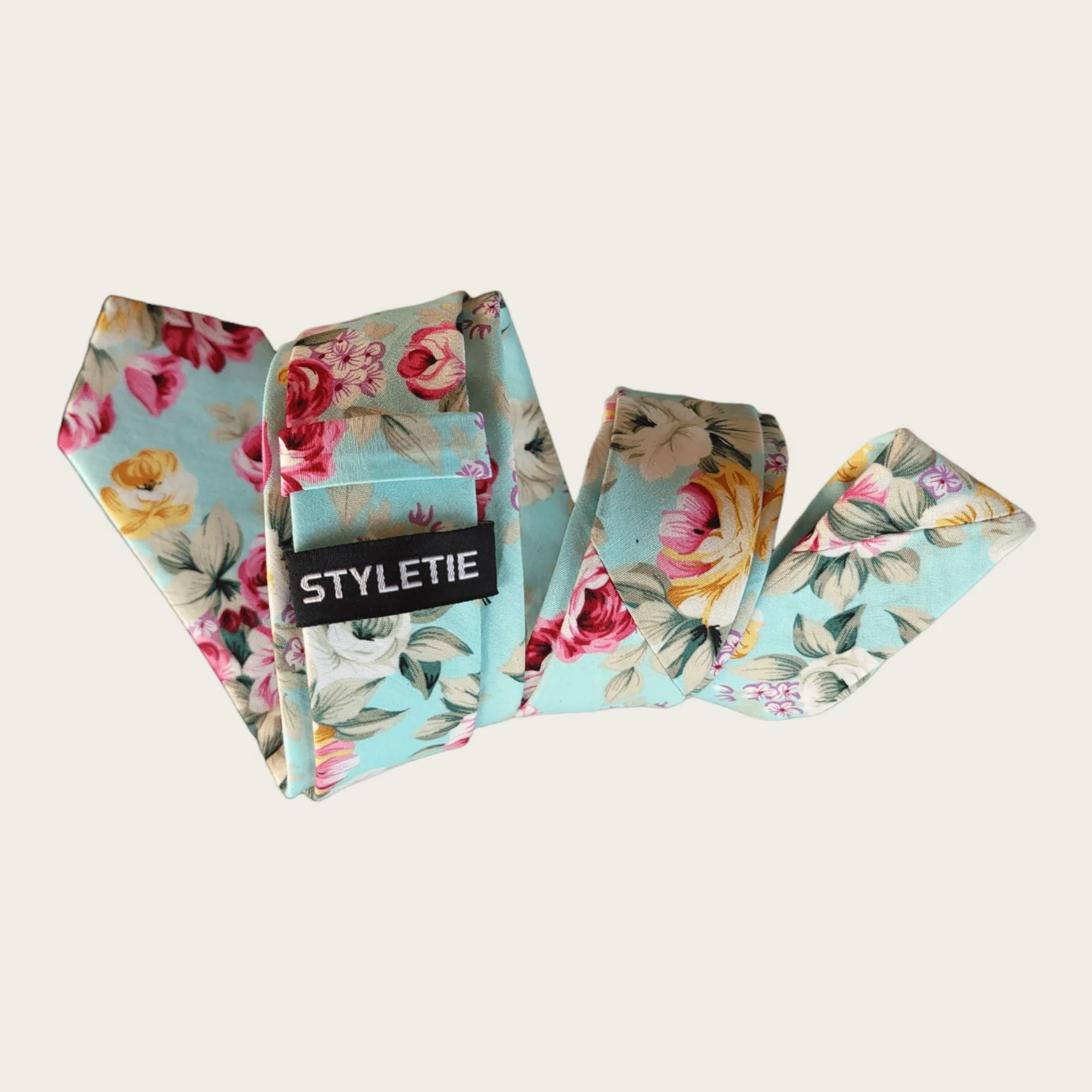 Sky Blue Sage Green Rose Floral Slim Tie Pocket Square Set