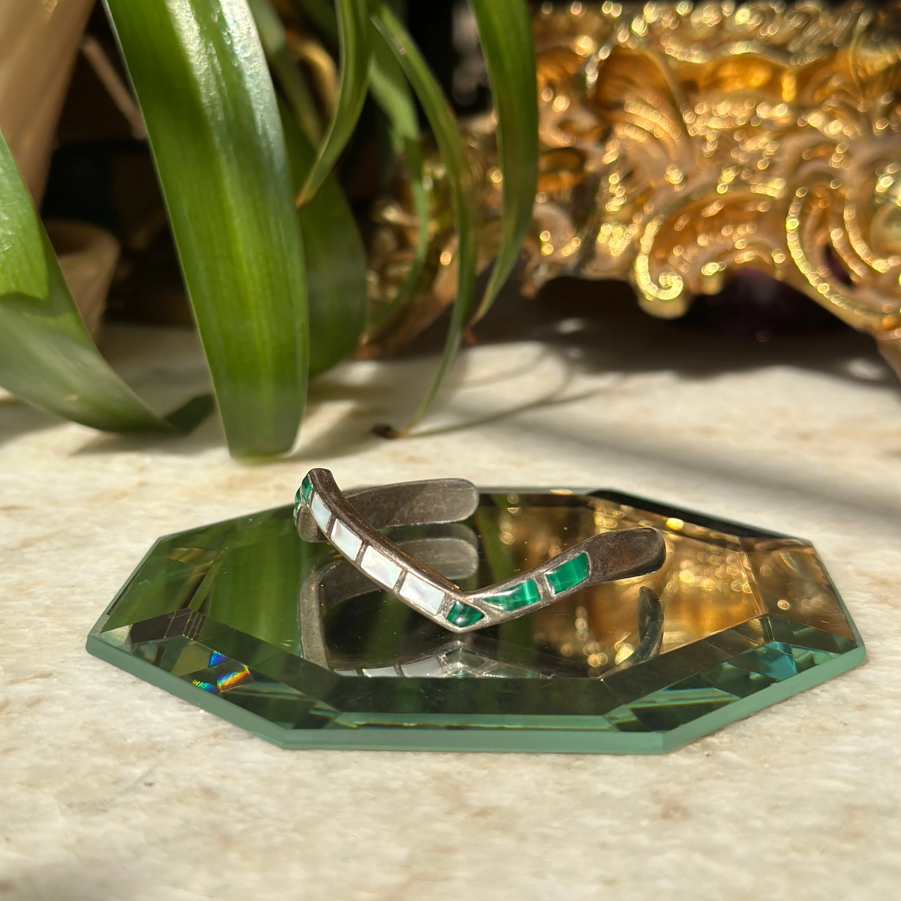 Vintage Malachite & Moonstone Zig-Zag Cuff Bracelet