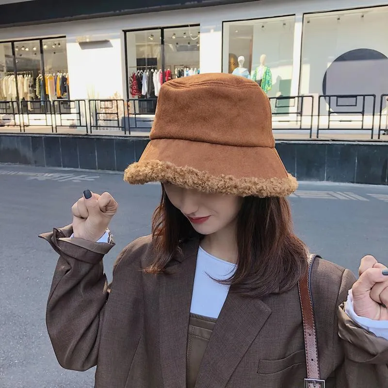 Warm Women Bucket Hat Winter Suede Artificial Fur Thick Warm Plush Cap