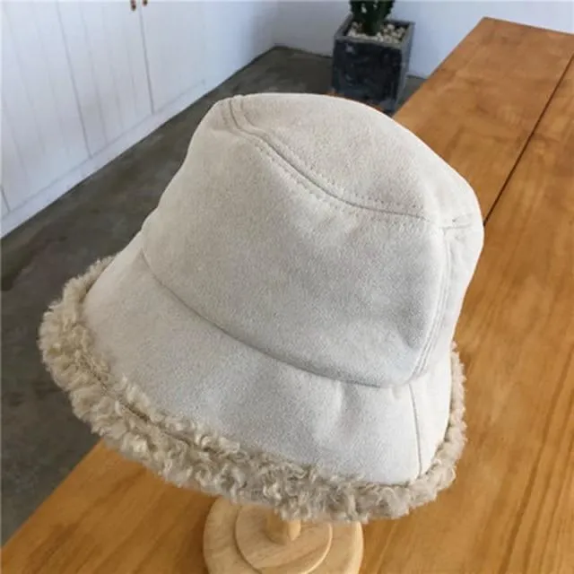 Warm Women Bucket Hat Winter Suede Artificial Fur Thick Warm Plush Cap